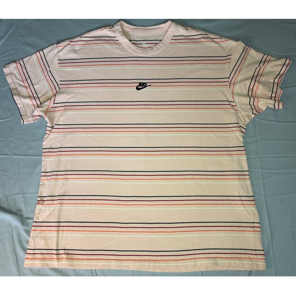 Nike Striped T-Shirt Mens XL‎ Peach Embroidered Logo Tee